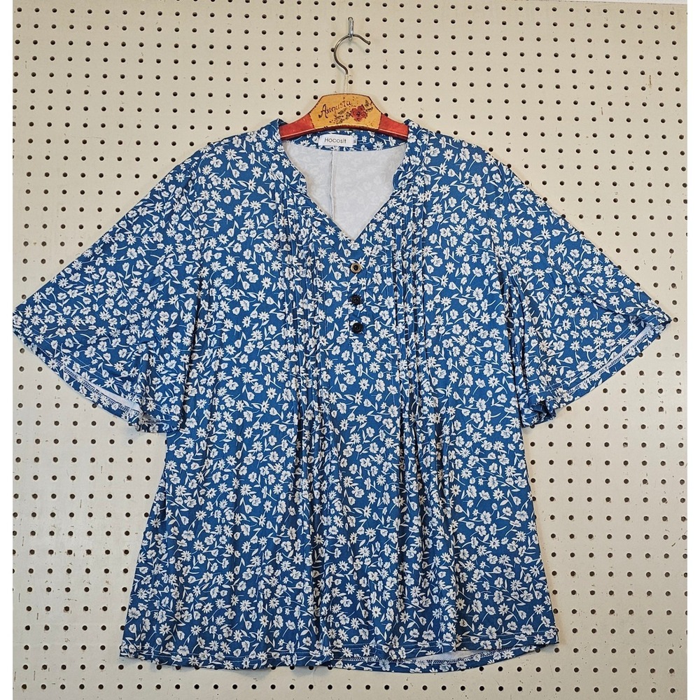 Hocosit Womens XL Blue White Floral Tunic Blouse Pintuck Henley Flutter Sleeve